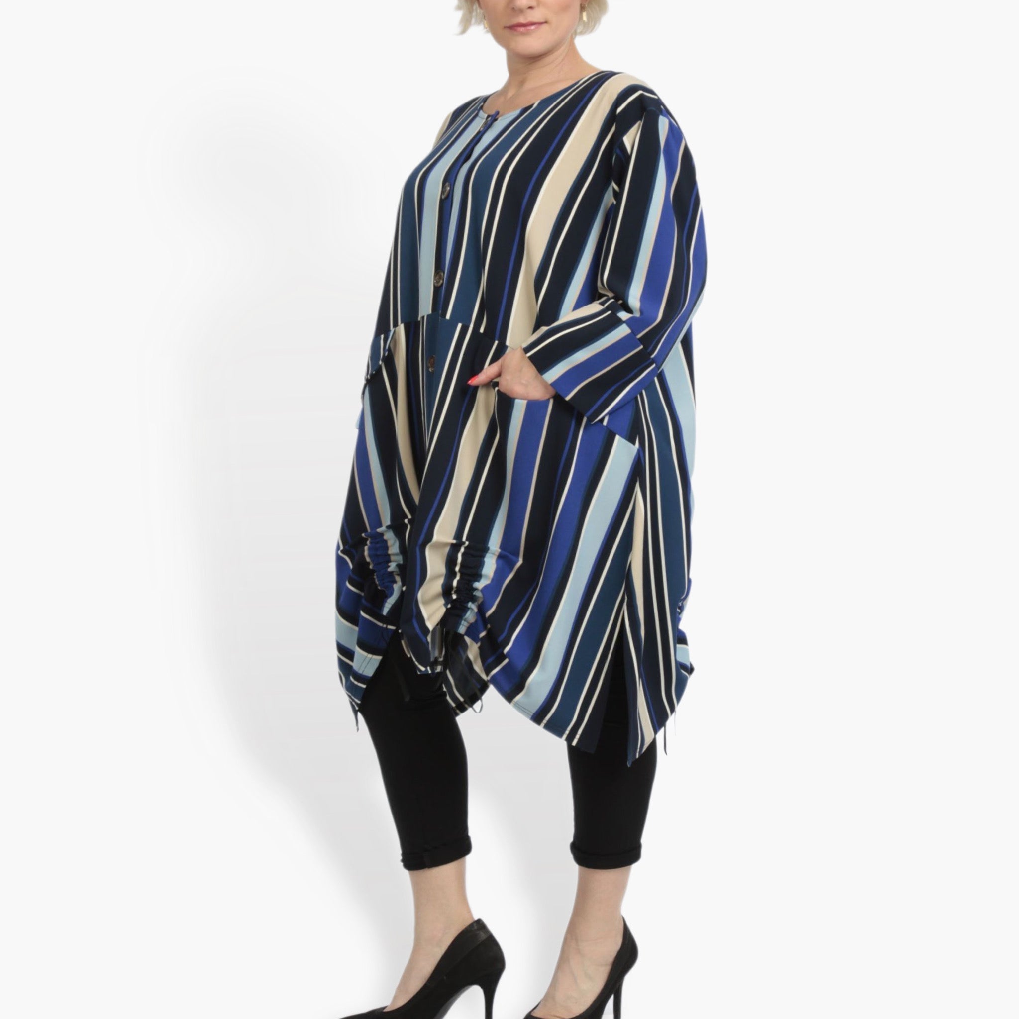 Sommer Jacke in A-Form aus glatter Krepp Qualität, Amy in Blau-Beige-Multi