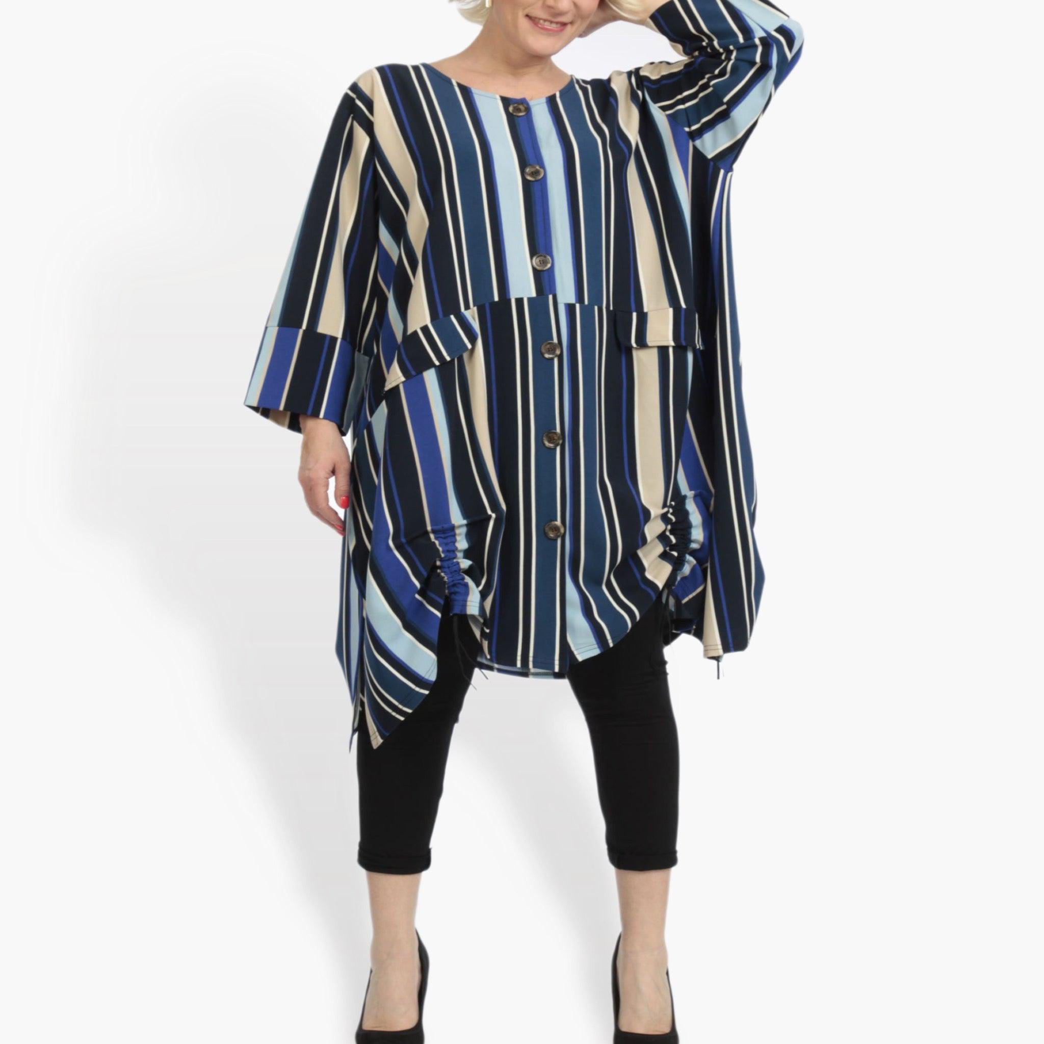 Sommer Jacke in A-Form aus glatter Krepp Qualität, Amy in Blau-Beige-Multi