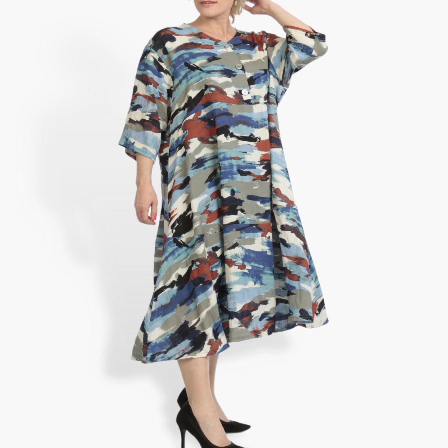 Summer dress in A-shape made of airy linen look quality, Maxima in blue-multi
