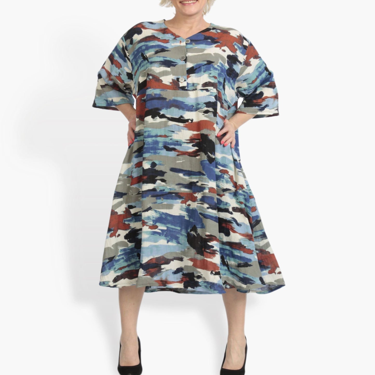 Summer dress in A-shape made of airy linen look quality, Maxima in blue-multi