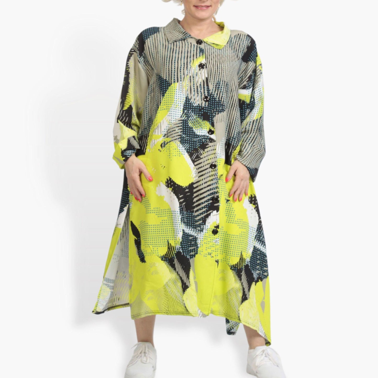 Summer coat in a straight shape made of crepe quality, Neo in neon green-taupe