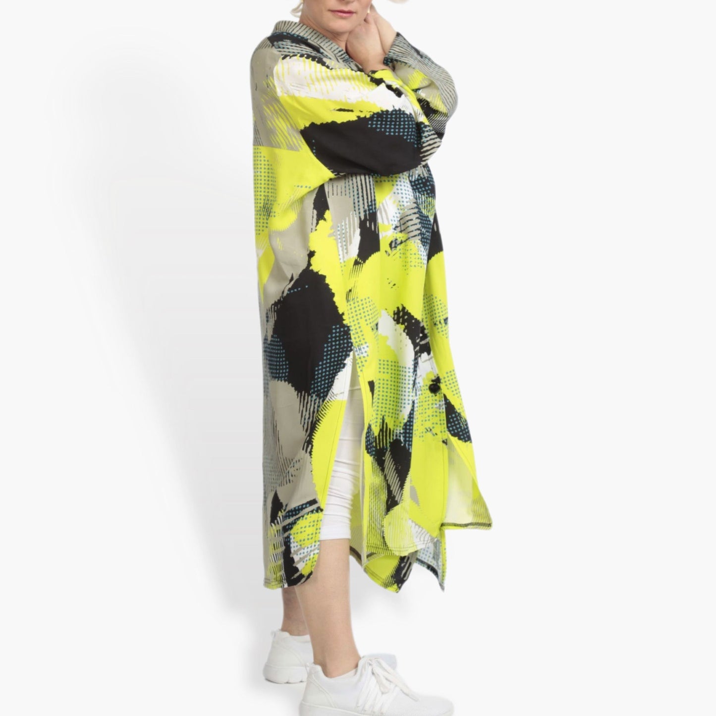 Summer coat in a straight shape made of crepe quality, Neo in neon green-taupe