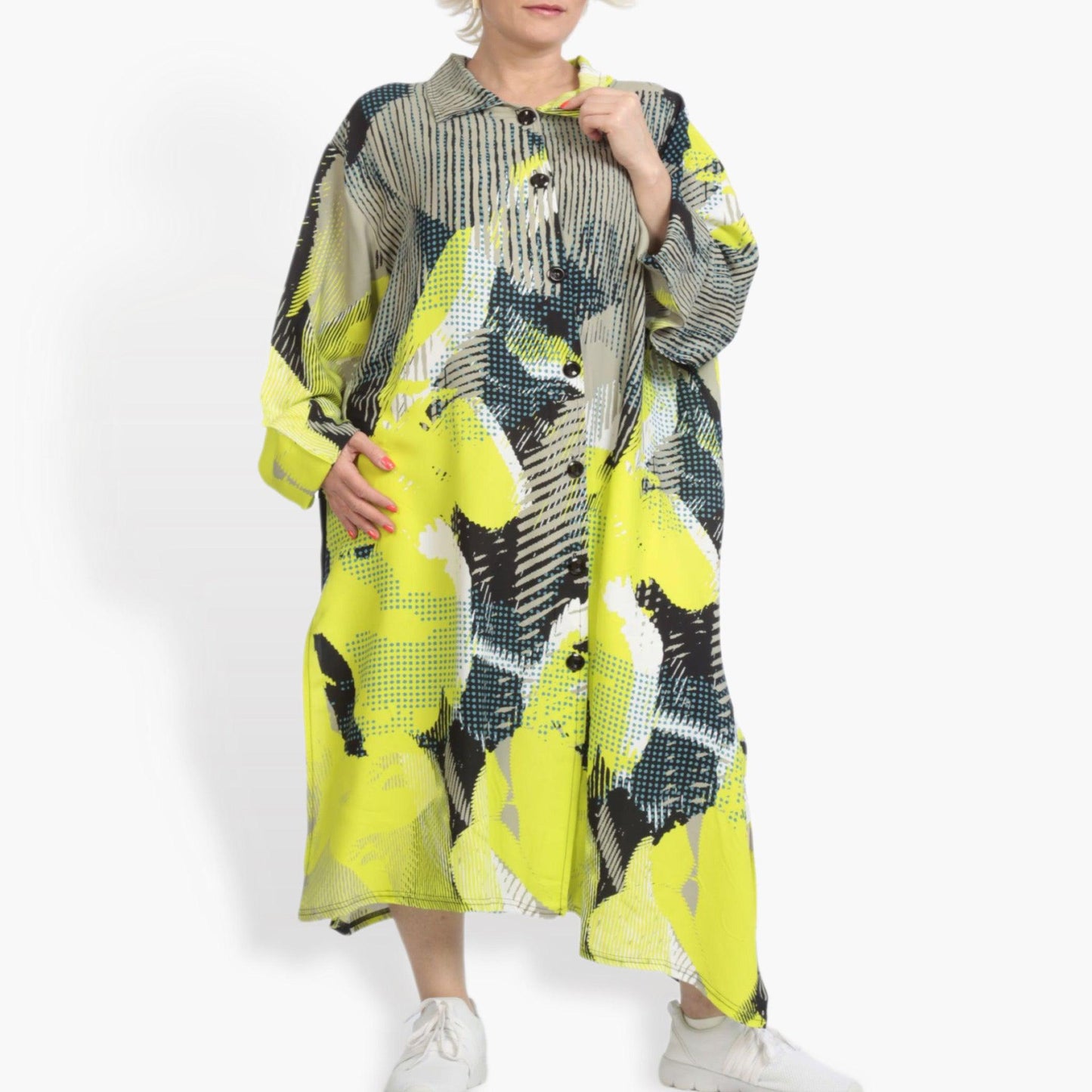 Summer coat in a straight shape made of crepe quality, Neo in neon green-taupe