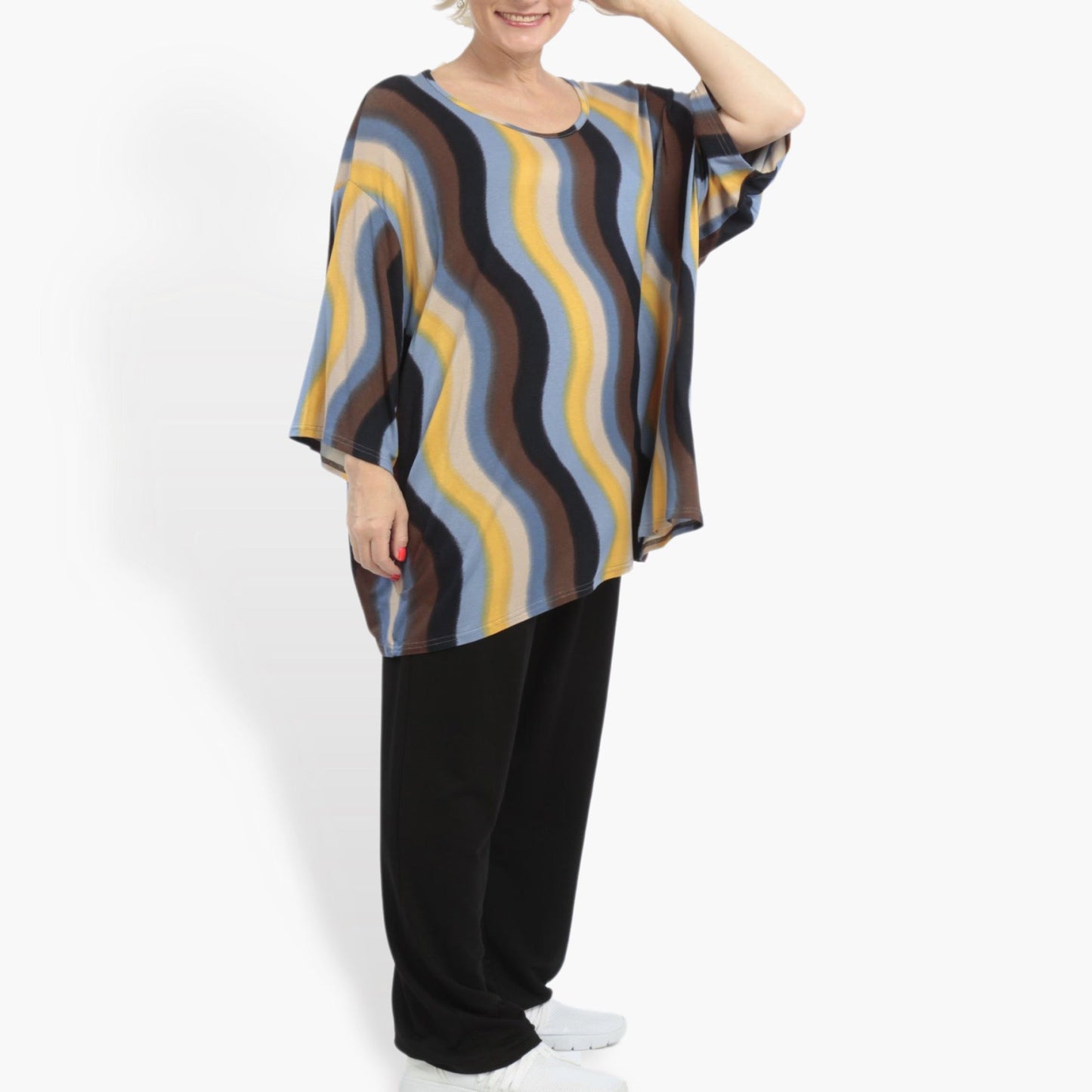 Sommer Big Shirt in kastiger Form aus feiner Jersey Qualität, Waves in Blau-Braun-Beige