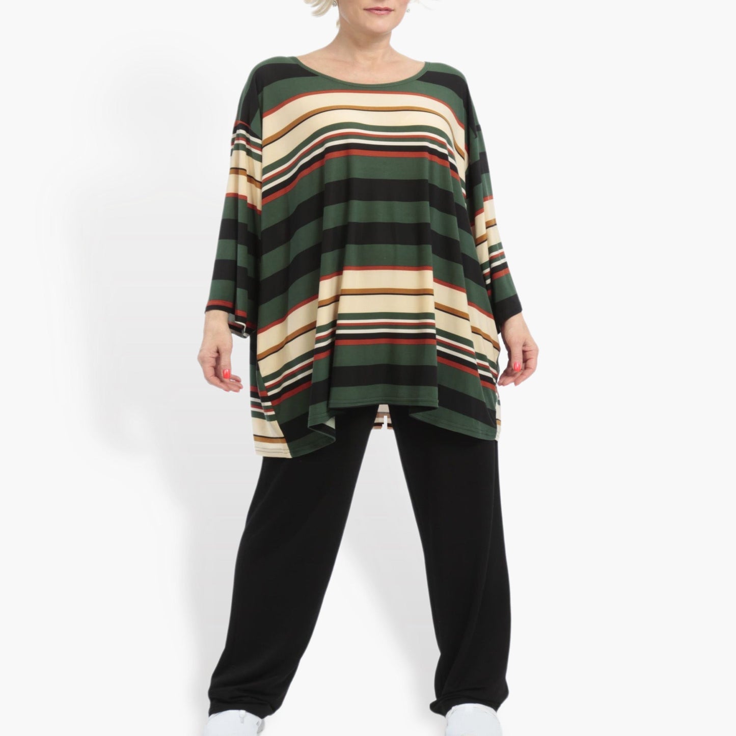 Summer big shirt in a boxy shape made of Slinky quality, Linis block stripes in green-beige