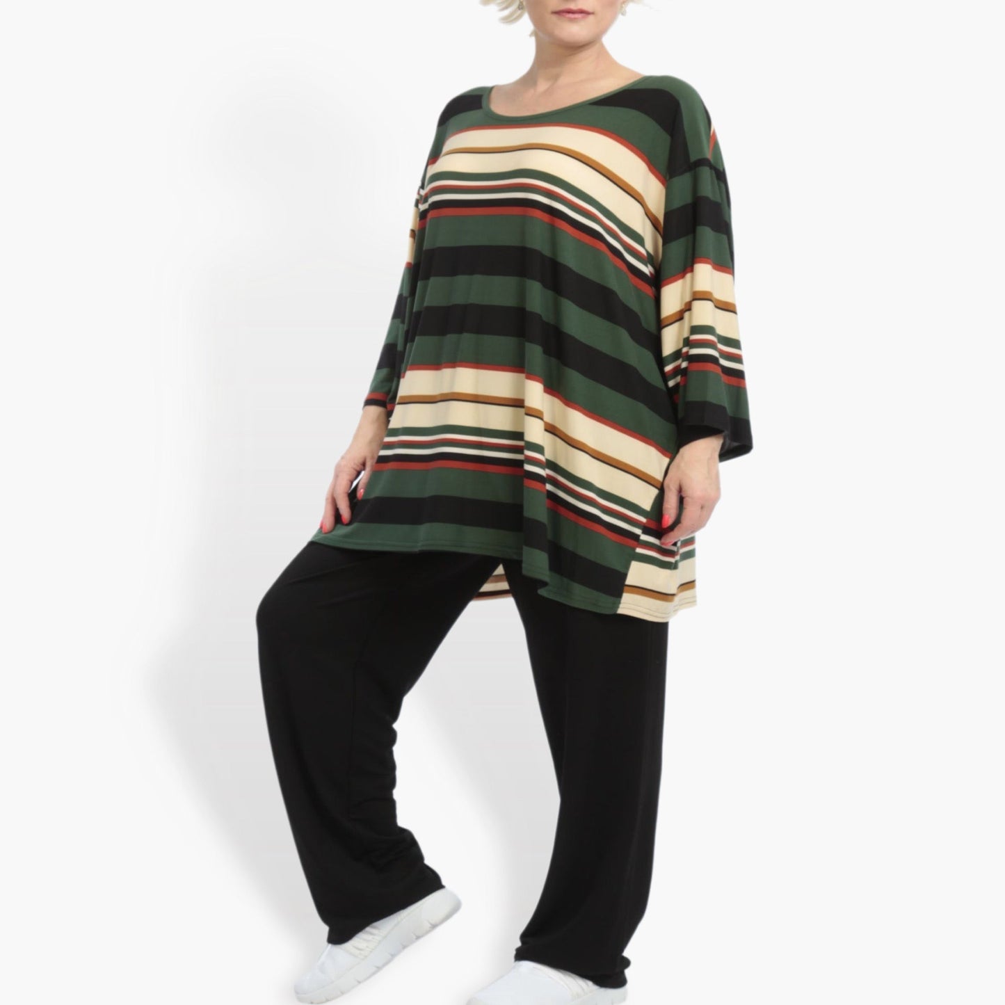 Summer big shirt in a boxy shape made of Slinky quality, Linis block stripes in green-beige