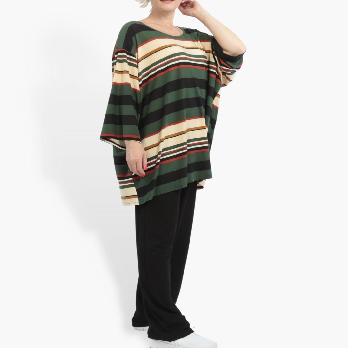 Summer big shirt in a boxy shape made of Slinky quality, Linis block stripes in green-beige