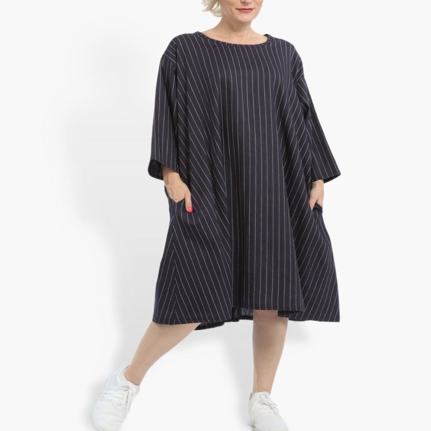 Sommer Big Shirt in gerader Form aus luftiger Leinen Optik Qualität, Beleza in Marine-Weiß