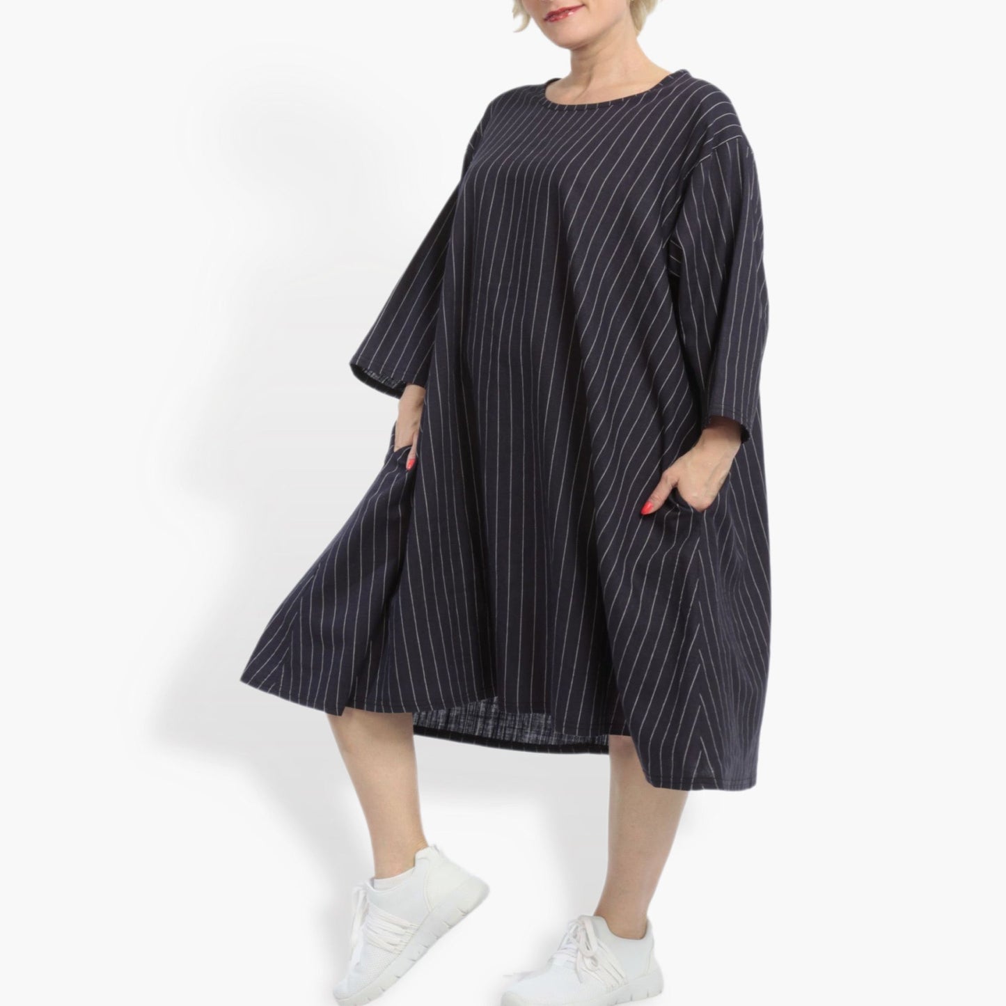 Sommer Big Shirt in gerader Form aus luftiger Leinen Optik Qualität, Beleza in Marine-Weiß