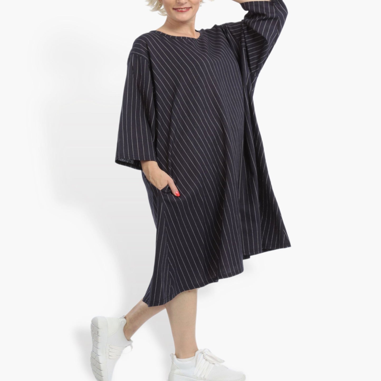 Sommer Big Shirt in gerader Form aus luftiger Leinen Optik Qualität, Beleza in Marine-Weiß