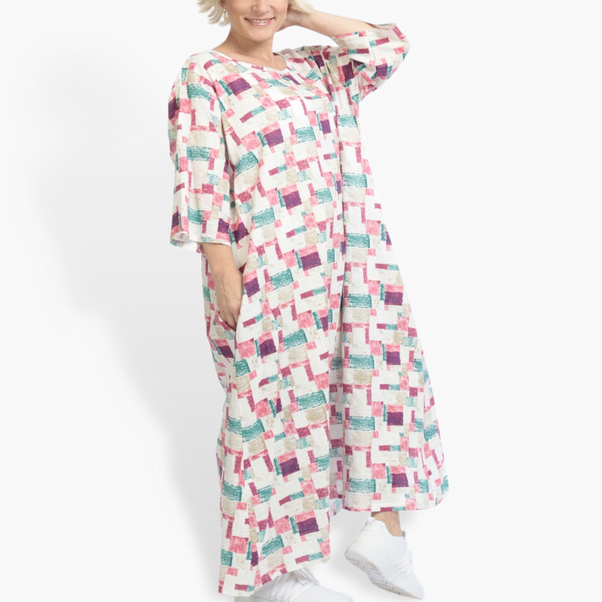 Summer dress in balloon shape made of airy linen look quality, Cancun in white-pink