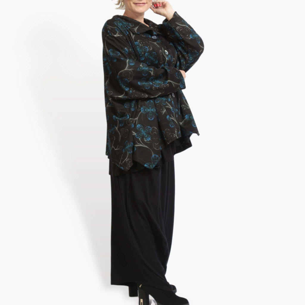 Winter jacket in A-shape made of fine Romanit jersey quality, petrol in black-petrol
