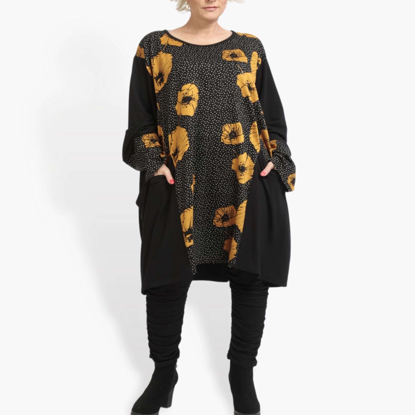 Winter big shirt in balloon shape made of soft Romanit jersey quality, iris in black and yellow