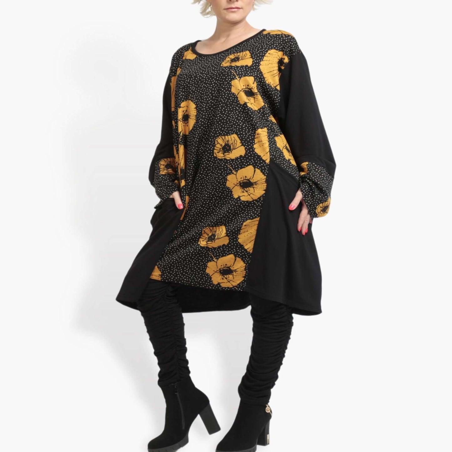 Winter big shirt in balloon shape made of soft Romanit jersey quality, iris in black and yellow