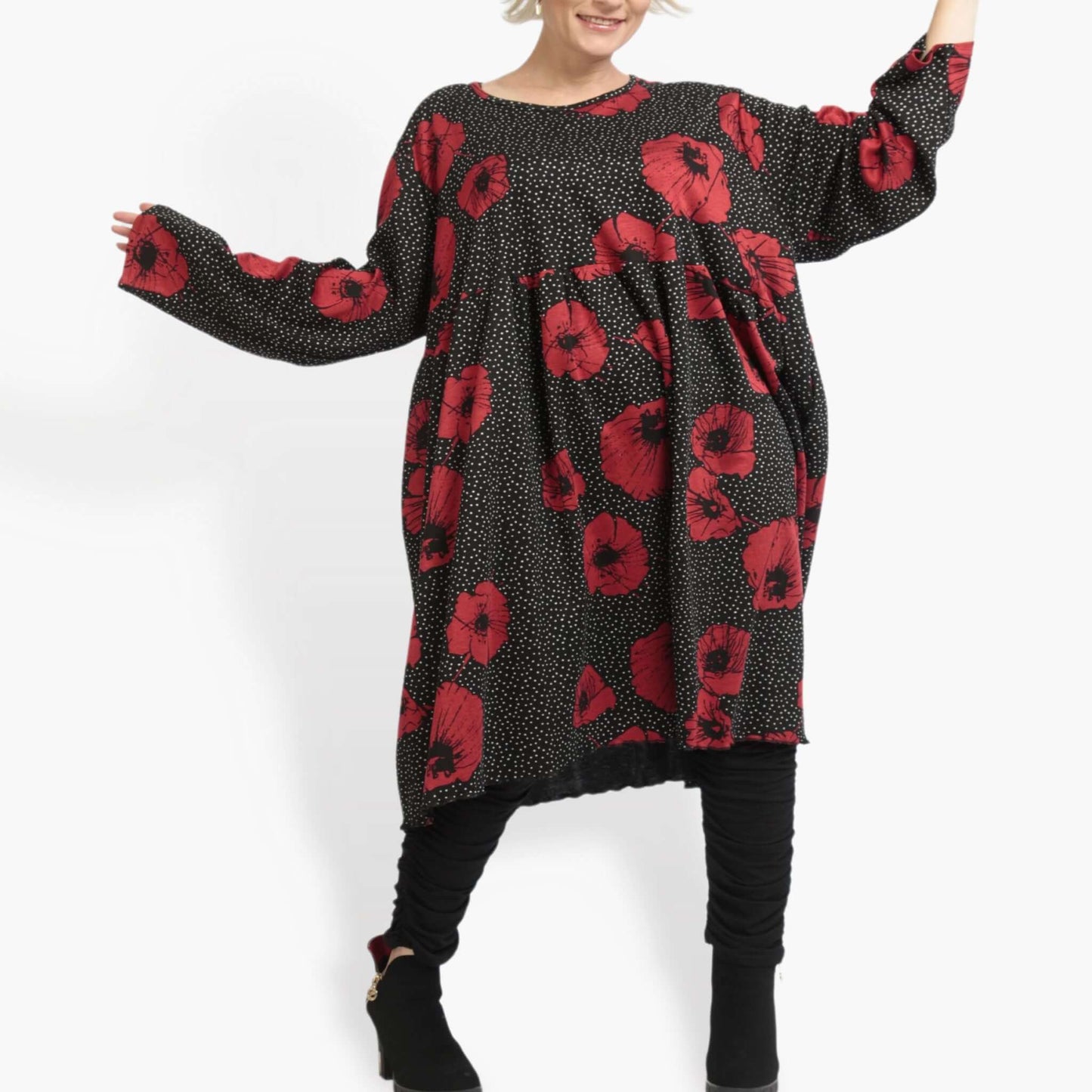 Winter dress in a straight shape made of soft Romanit jersey quality, Iris in black and red