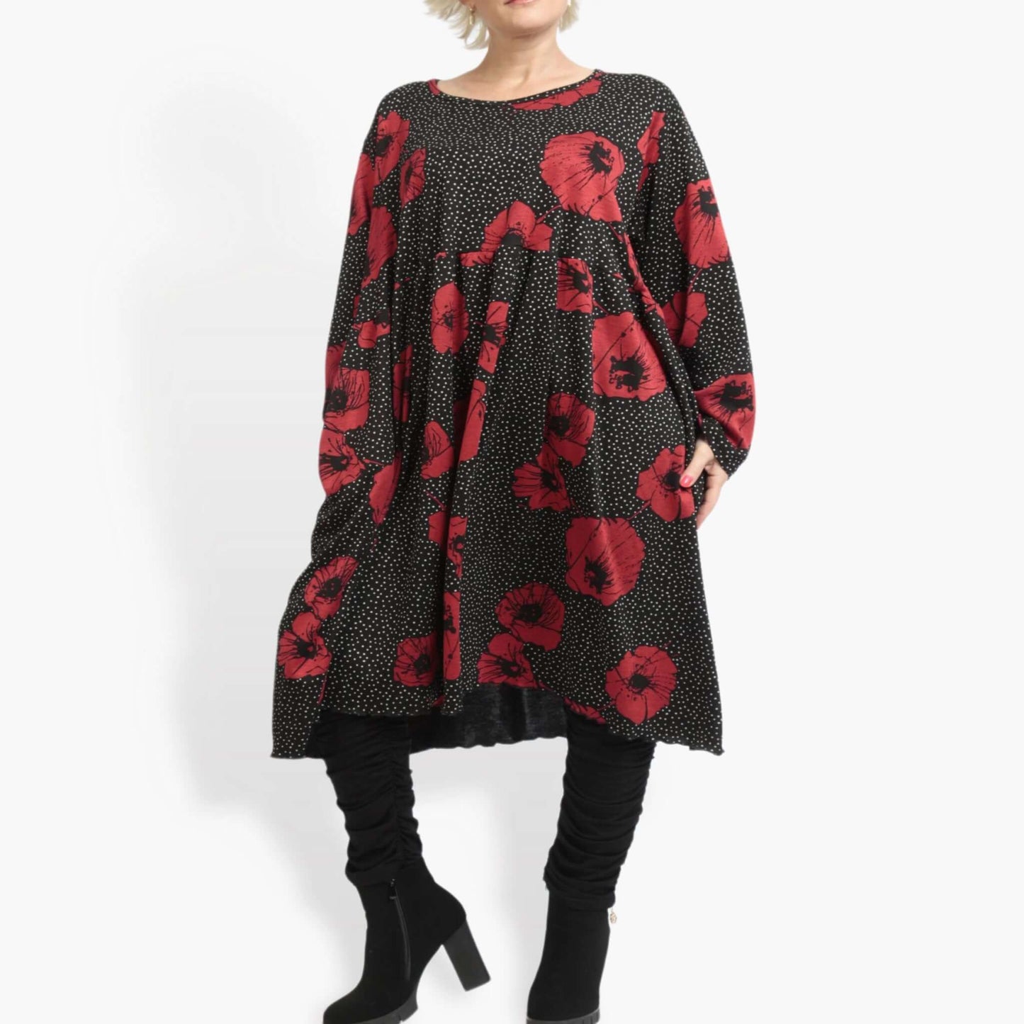 Winter Kleid in gerader Form aus weicher Romanit Jersey Qualität, Iris in Schwarz-Rot