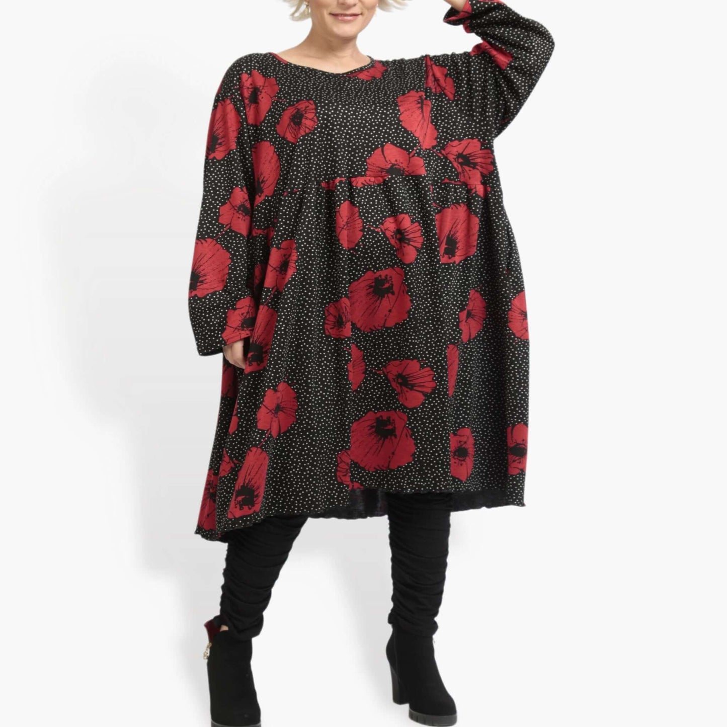 Winter Kleid in gerader Form aus weicher Romanit Jersey Qualität, Iris in Schwarz-Rot