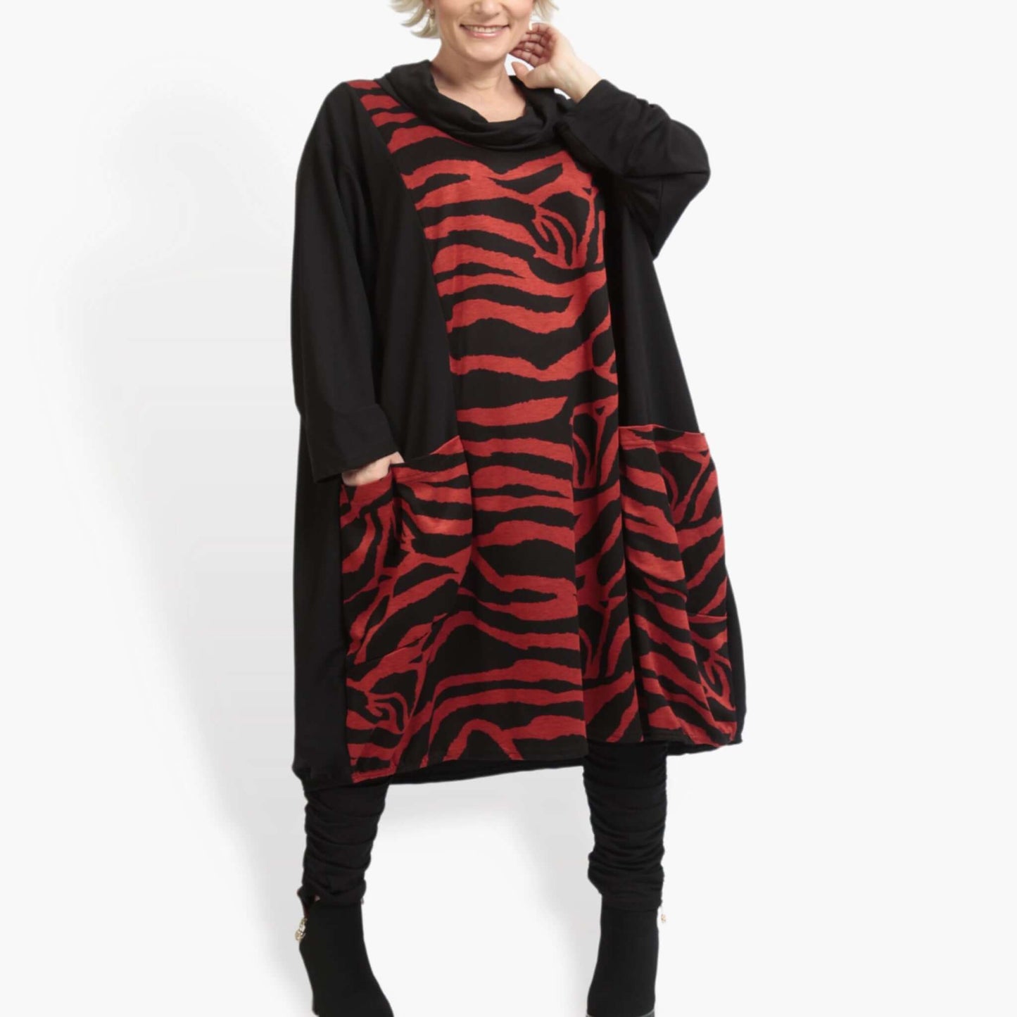 Winter dress in balloon shape made of soft Romanit jersey quality, Lina in black and red