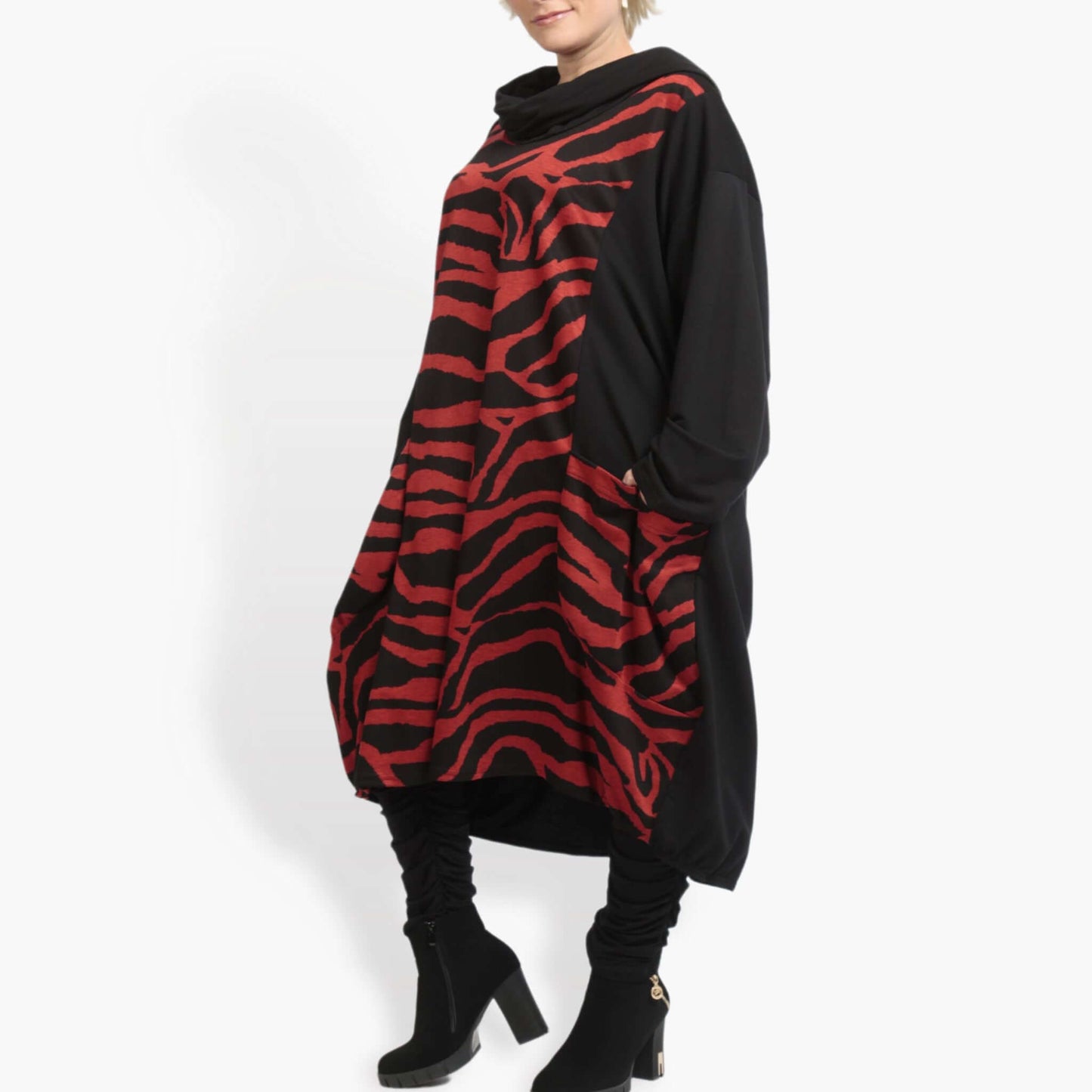 Winter dress in balloon shape made of soft Romanit jersey quality, Lina in black and red