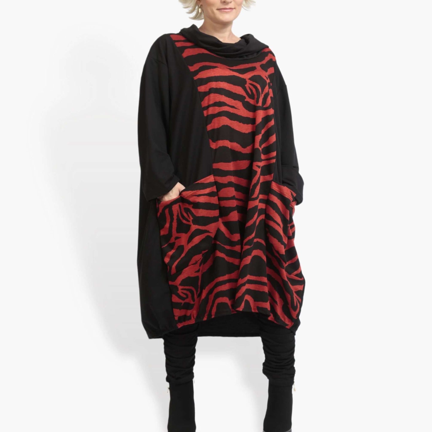 Winter dress in balloon shape made of soft Romanit jersey quality, Lina in black and red