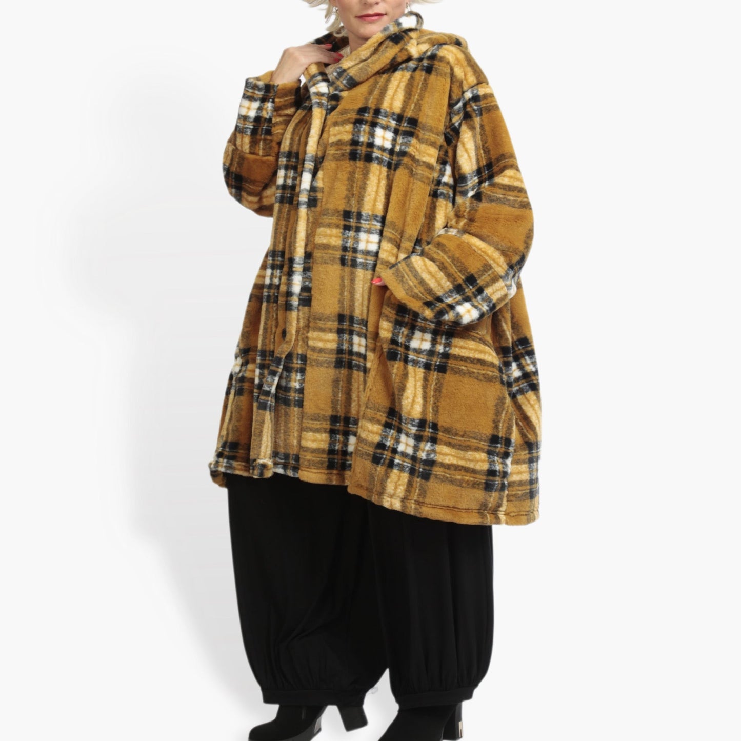 Winter coat in the shape of plush quality, check in mustard multi