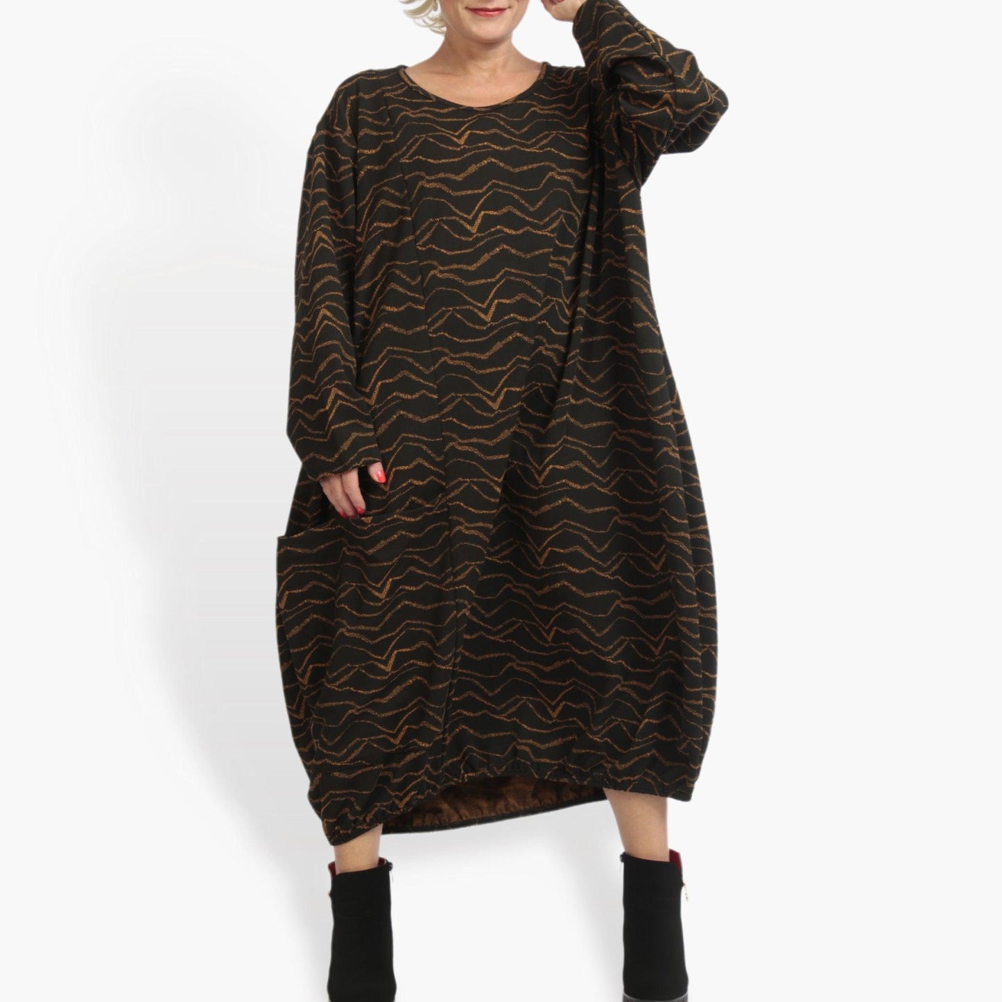 Winter dress in balloon shape made of soft jacquard quality, Toronto in black-cognac