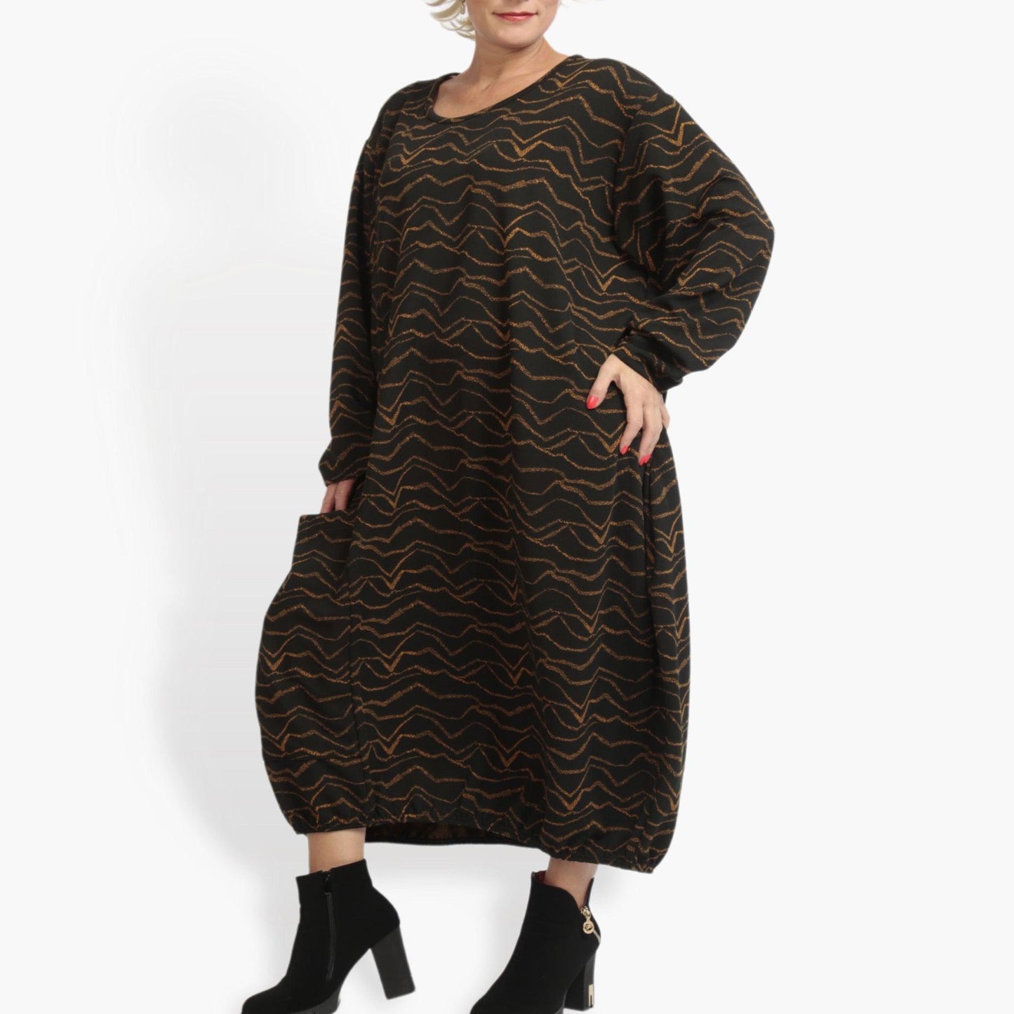 Winter dress in balloon shape made of soft jacquard quality, Toronto in black-cognac