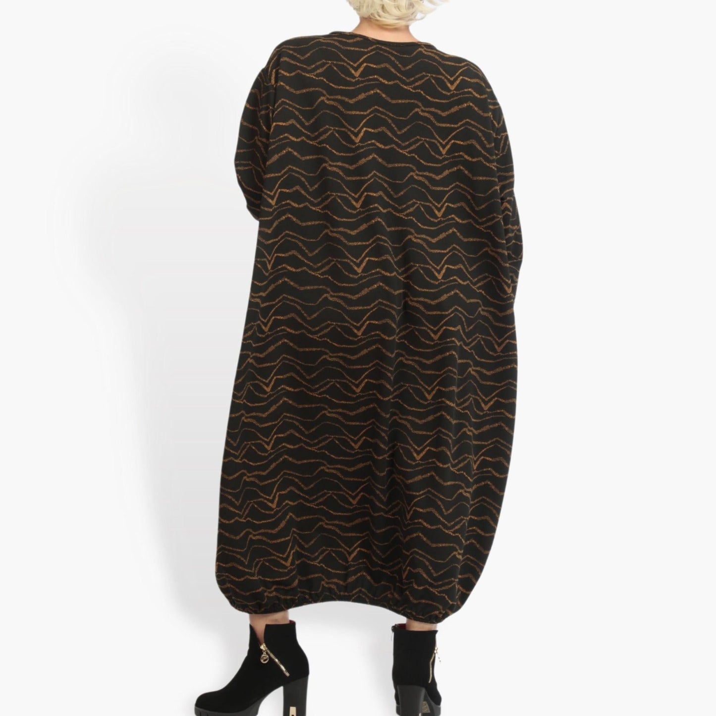 Winter dress in balloon shape made of soft jacquard quality, Toronto in black-cognac