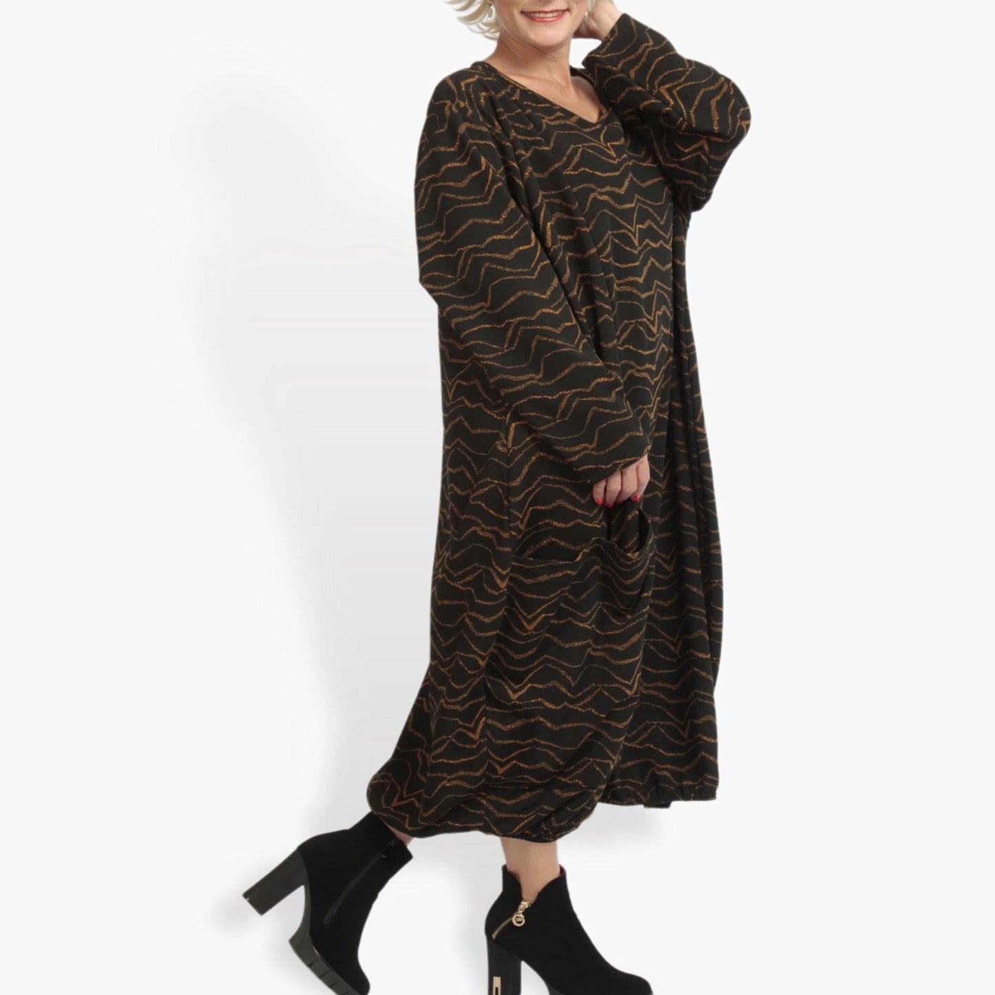 Winter dress in balloon shape made of soft jacquard quality, Toronto in black-cognac