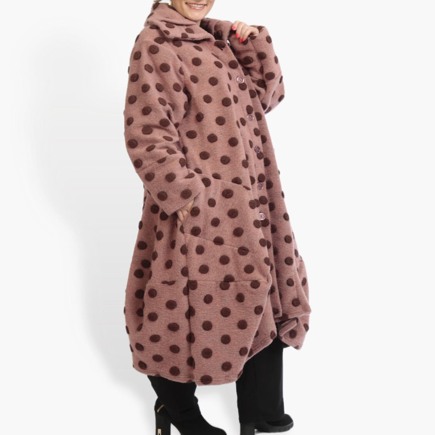 Winter coat in balloon shape made of wool quality, wool large in old pink