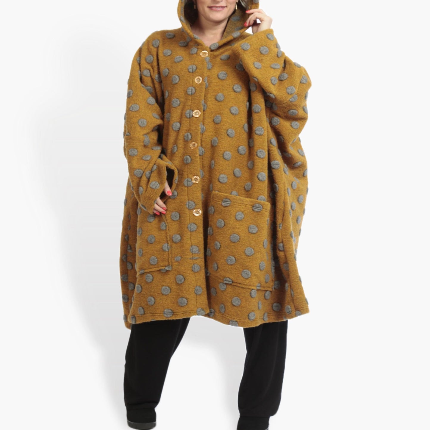 Winter coat in a straight shape made of high quality wool, large wool in mustard