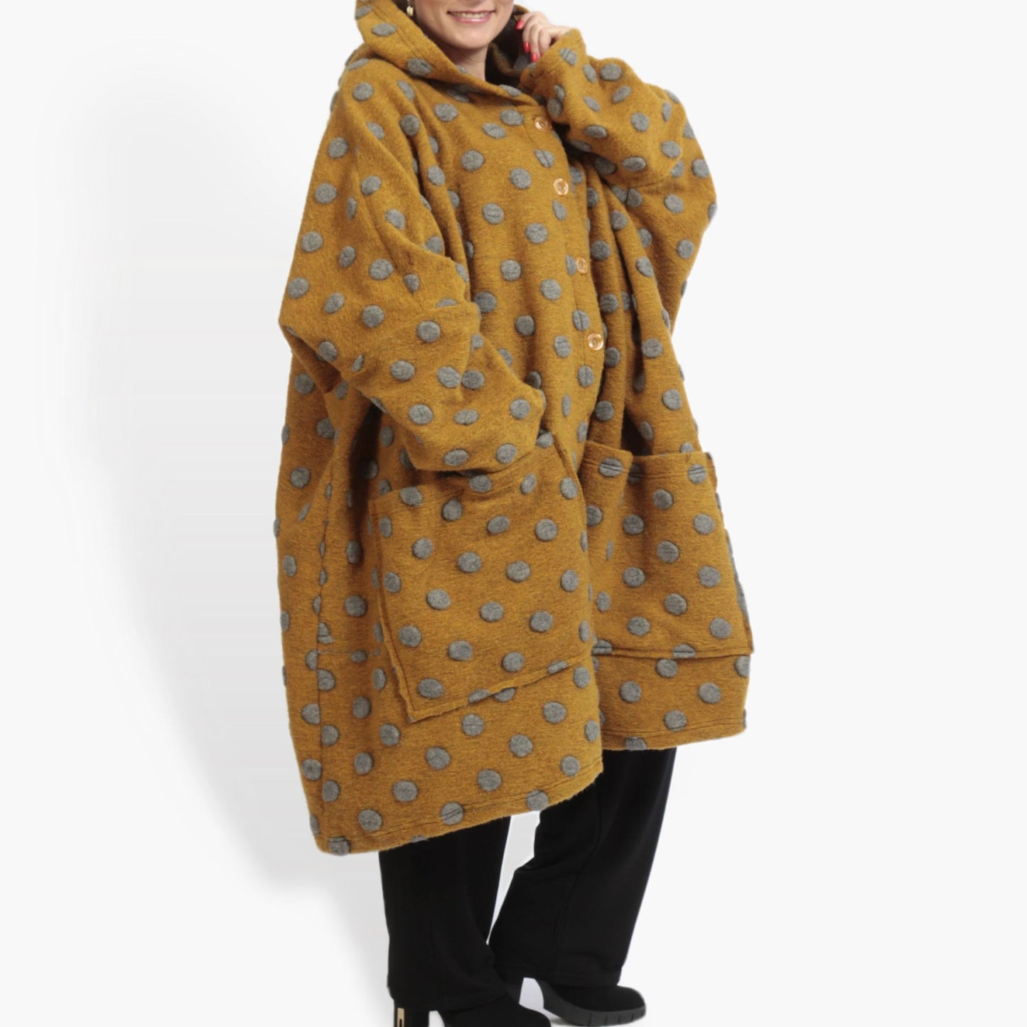 Winter coat in a straight shape made of high quality wool, large wool in mustard