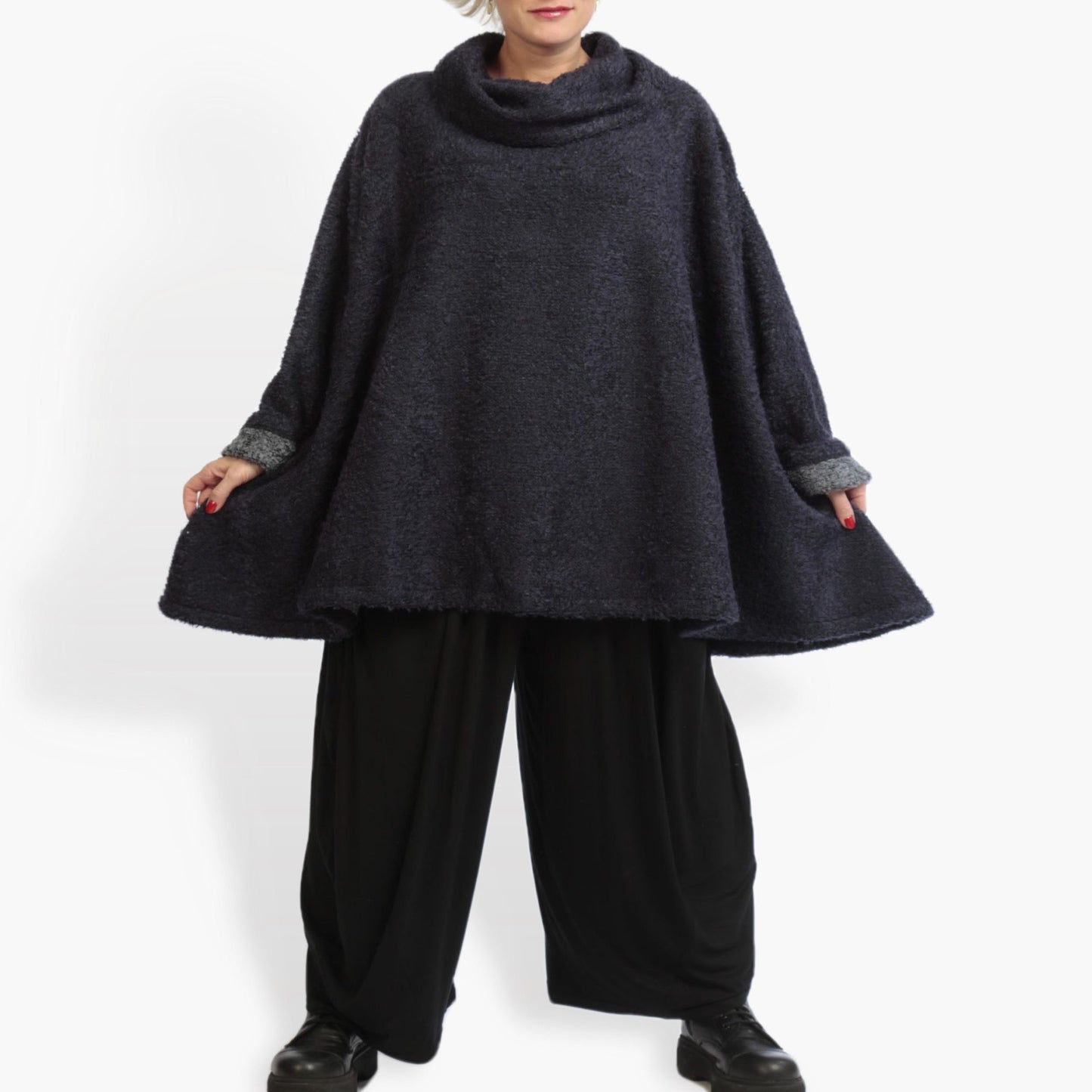 Winter big shirt in A-shape made of boucle quality, boucle melange in dark blue