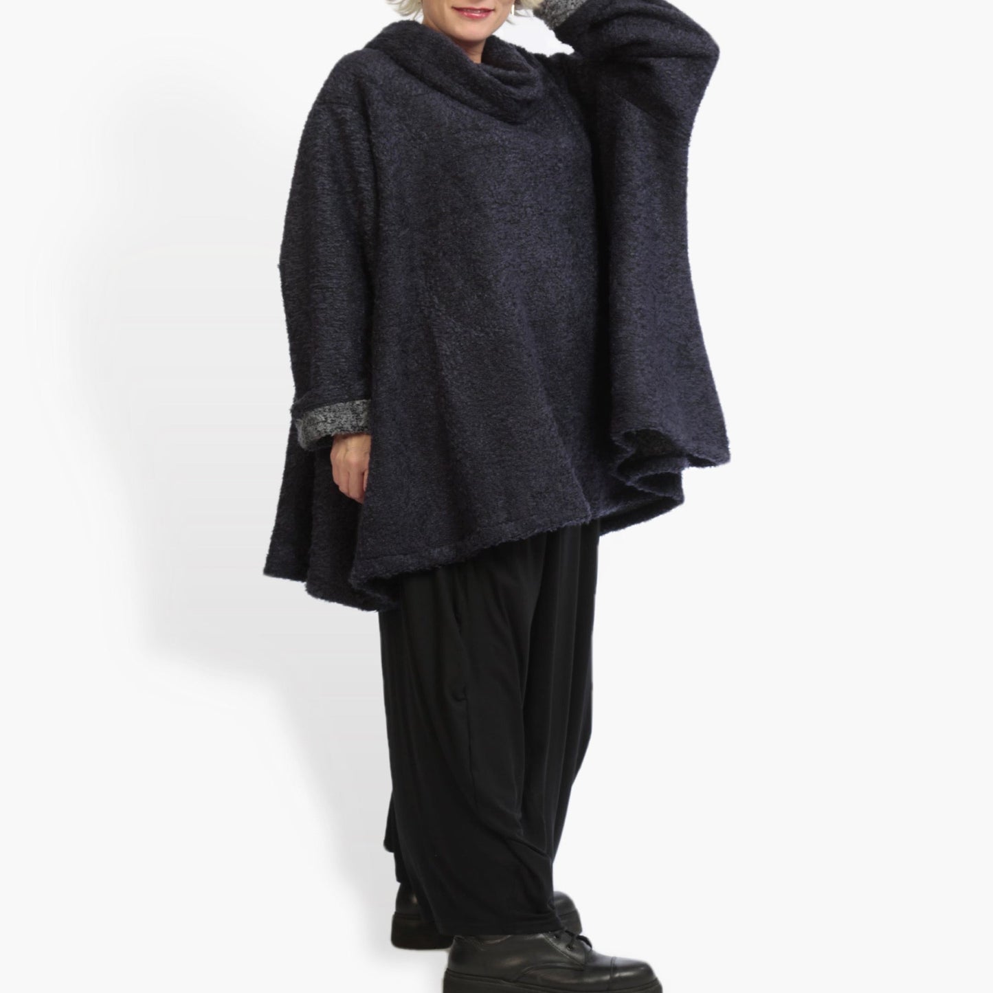 Winter big shirt in A-shape made of boucle quality, boucle melange in dark blue