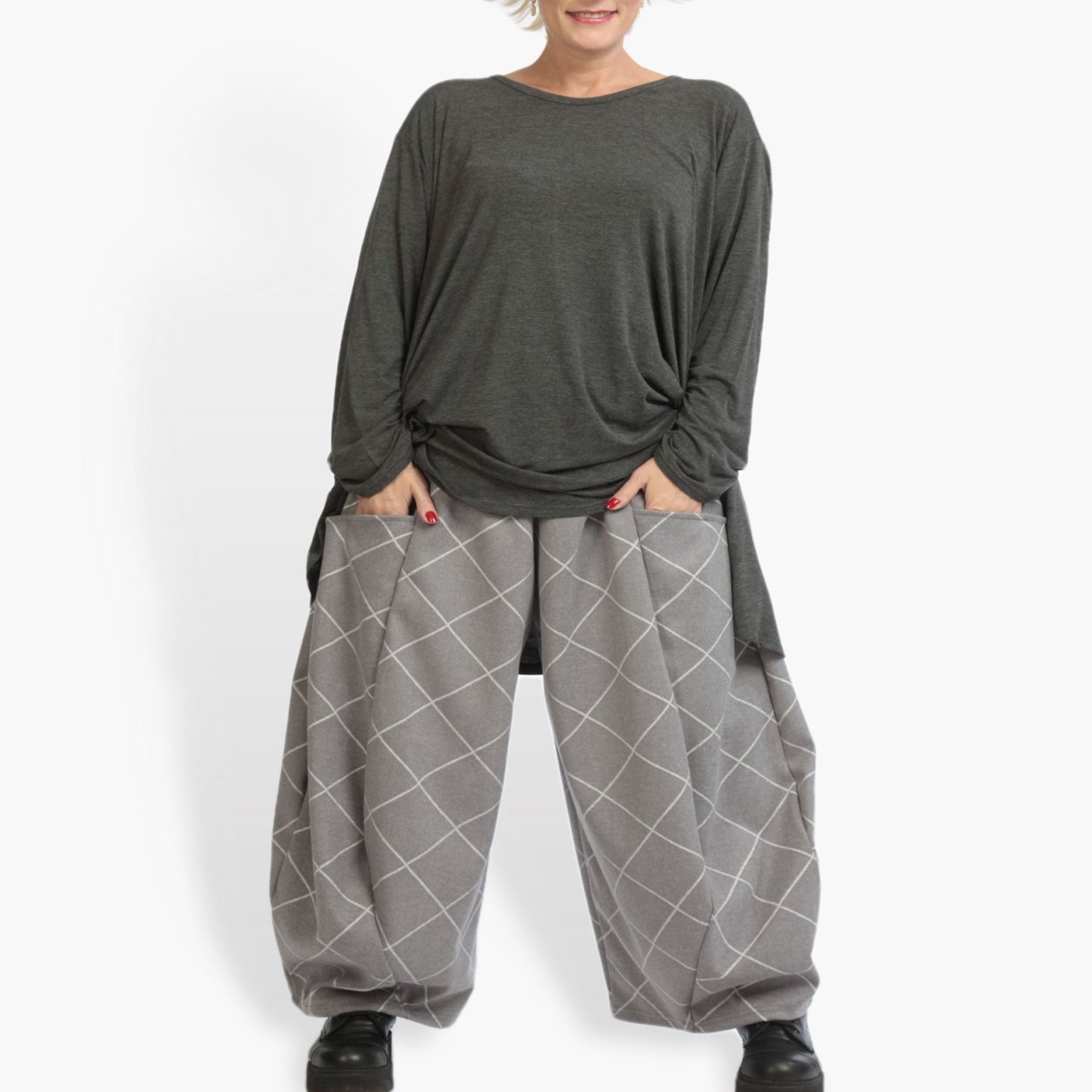 Transitional trousers in balloon shape made of fleece quality, Scot in grey