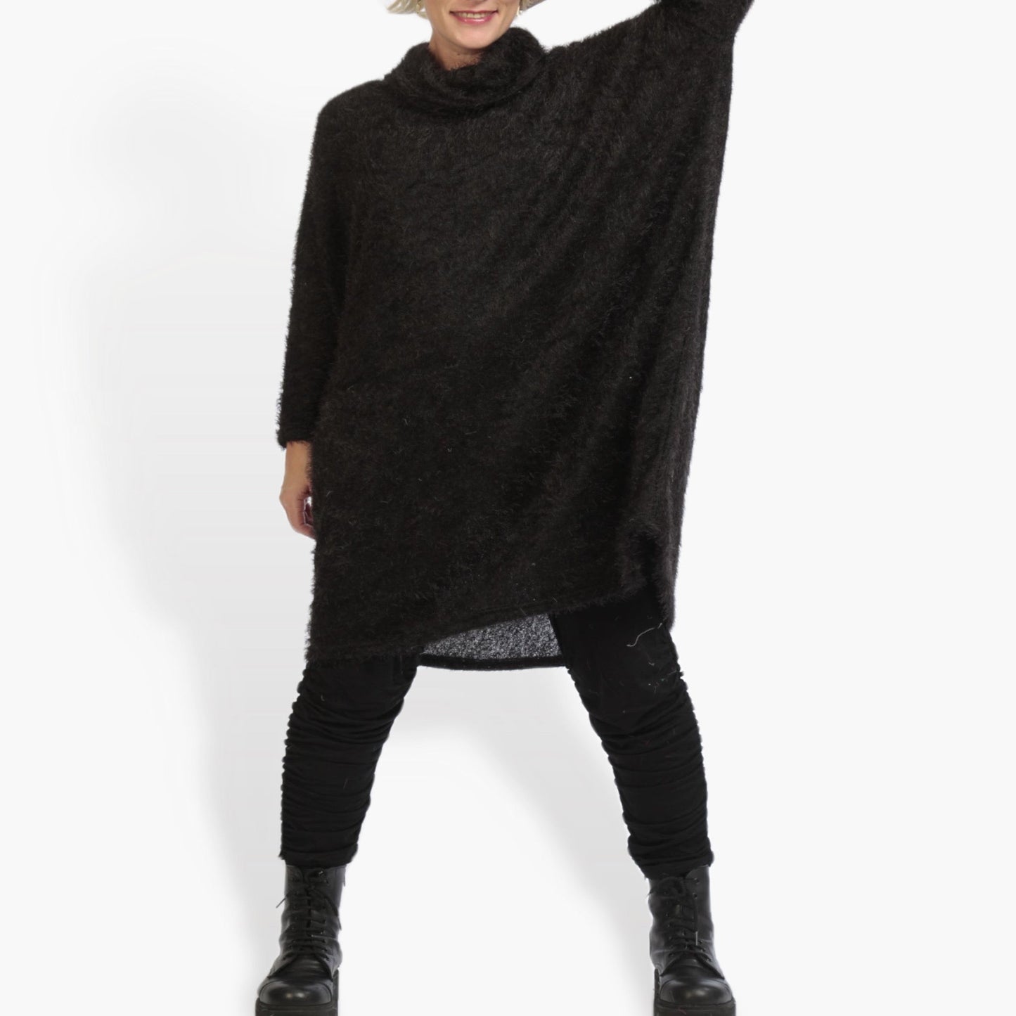 Winter dress in a straight shape made of plush quality, fluffy in black