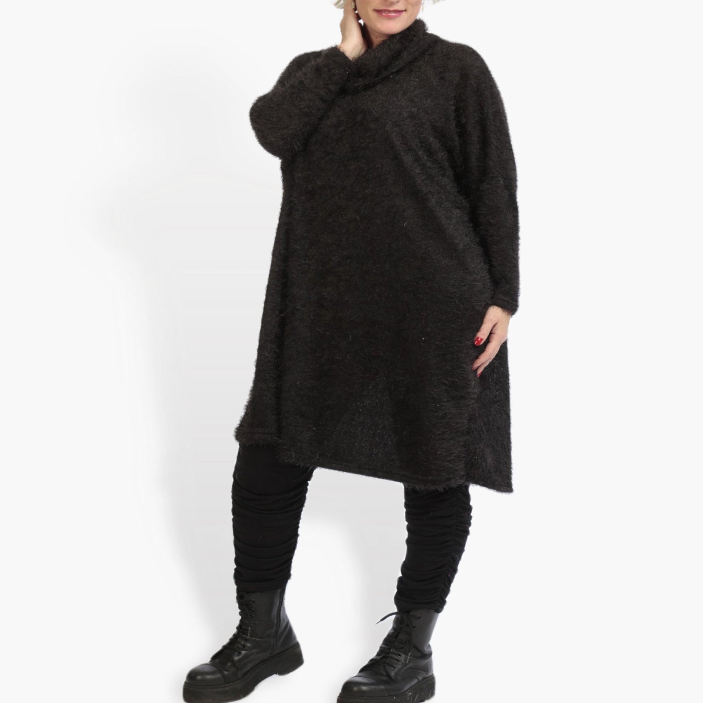 Winter dress in a straight shape made of plush quality, fluffy in black