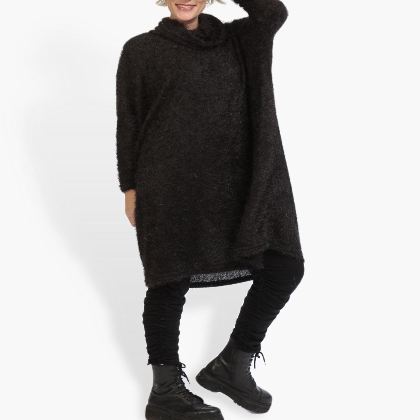 Winter dress in a straight shape made of plush quality, fluffy in black