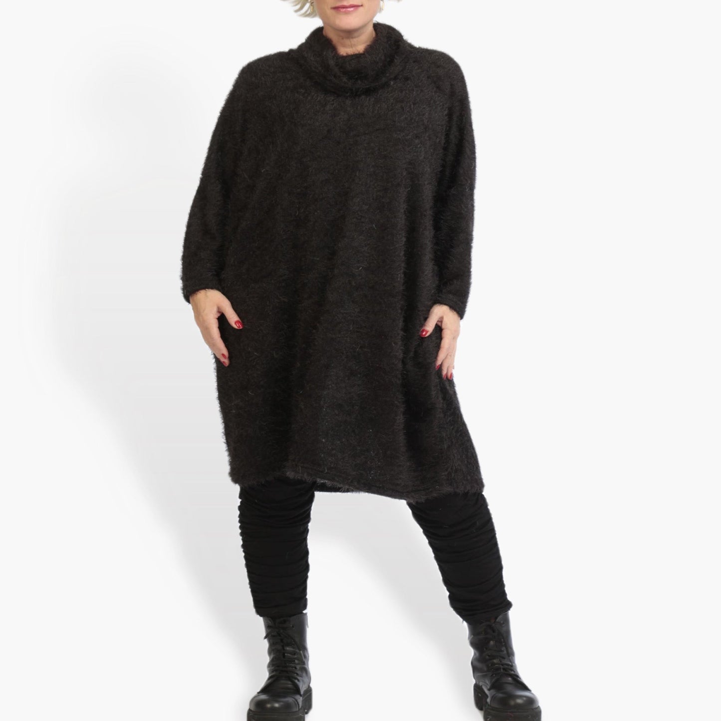 Winter dress in a straight shape made of plush quality, fluffy in black