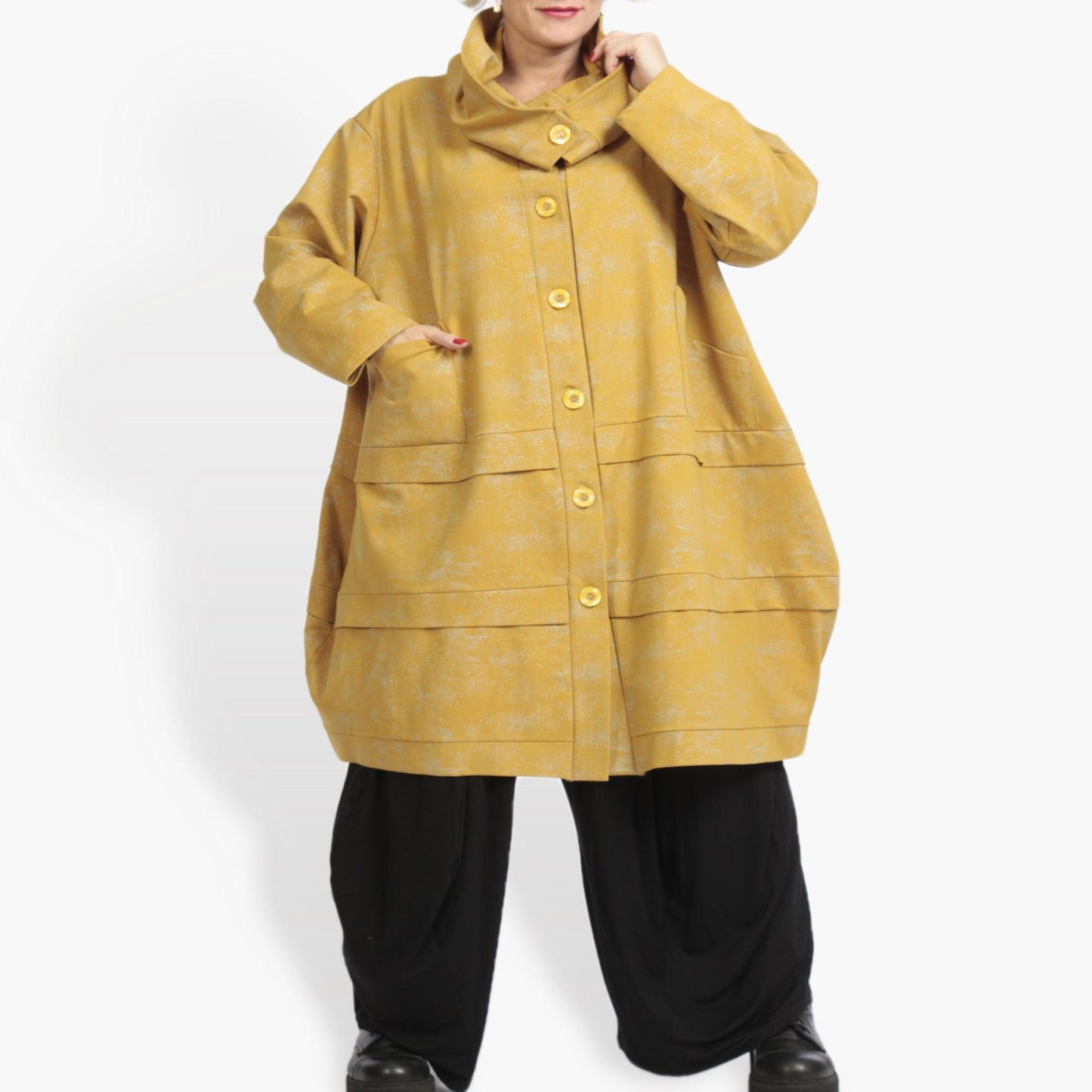 Winter coat in balloon shape made of Romanit jersey quality, Lilo in mustard