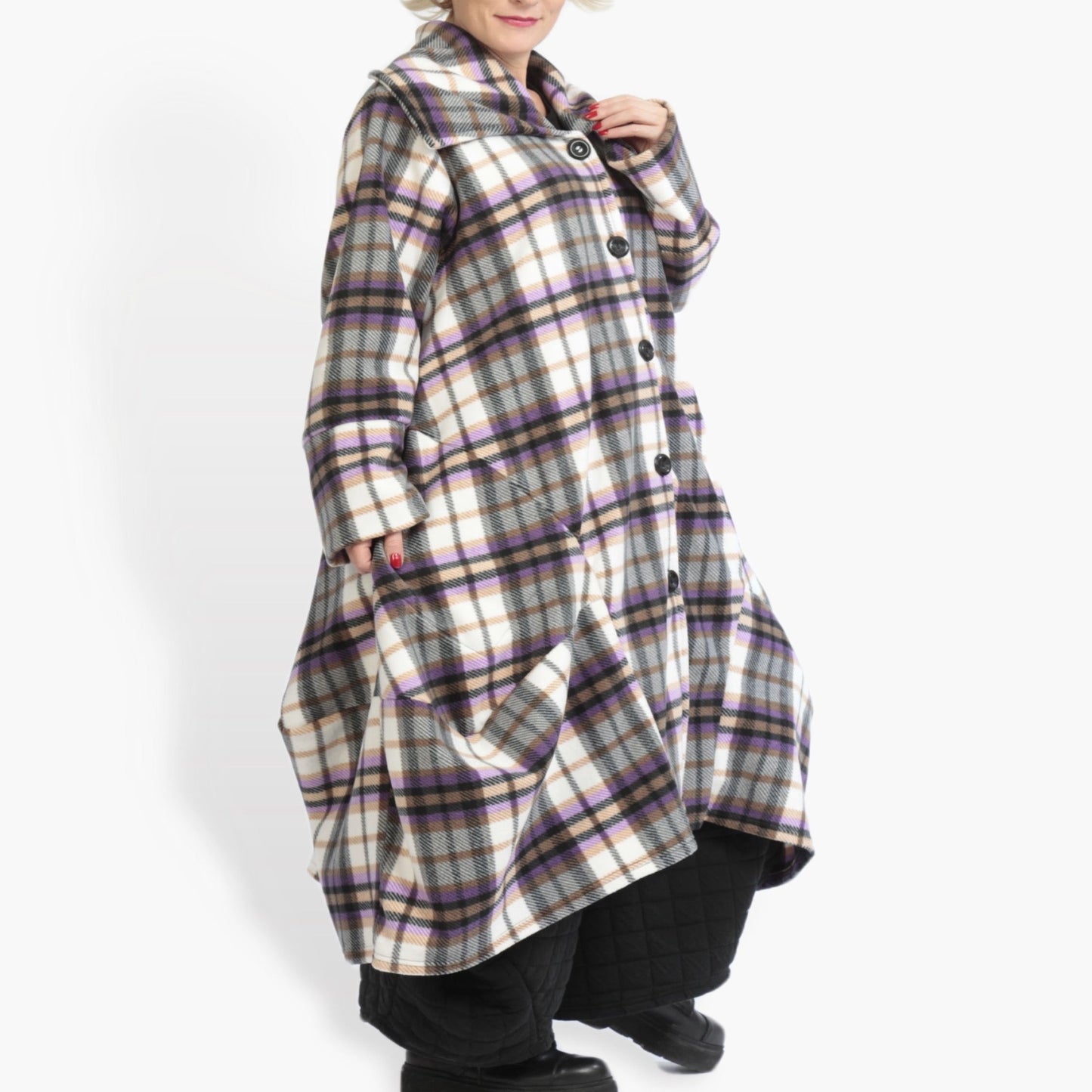 Winter coat in balloon shape made of fleece quality, Cassa in multicolored purple