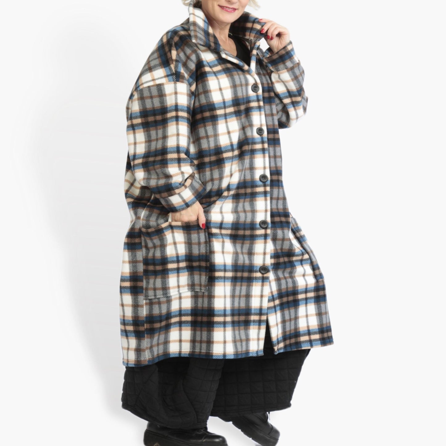 Winter coat in a straight shape made of fleece quality, Cassa in multicolor blue