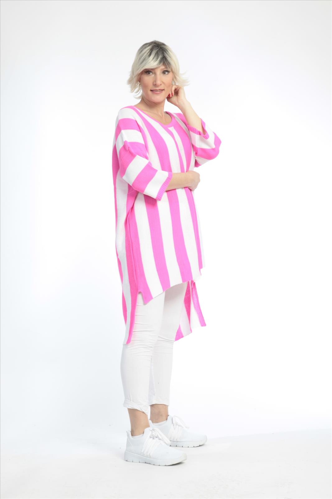 Alltags Pullover in Vokuhila Form aus feiner Strick Qualität, Pink-Weiß Lagenlook Oversize Mode B2B Großhandel