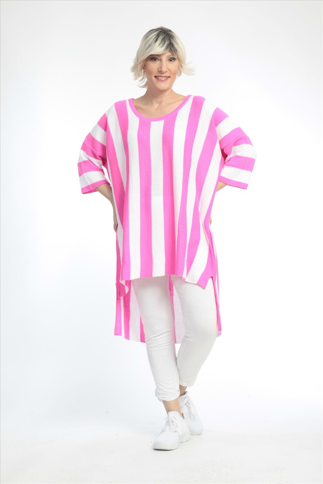 Alltags Pullover in Vokuhila Form aus feiner Strick Qualität, Pink-Weiß Lagenlook Oversize Mode B2B Großhandel