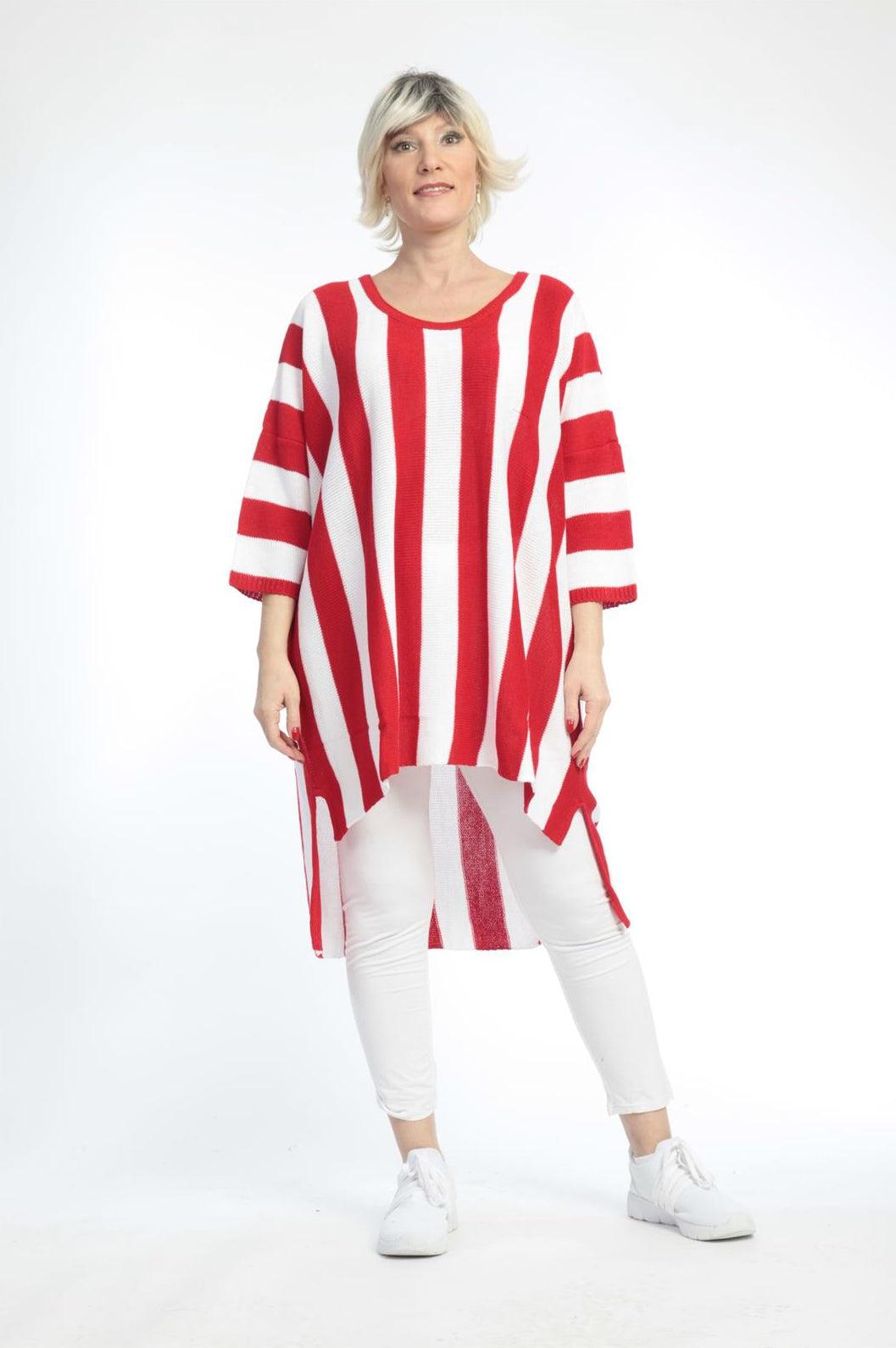 Alltags Pullover in Vokuhila Form aus feiner Strick Qualität, Rot-Weiß Lagenlook Oversize Mode B2B Großhandel
