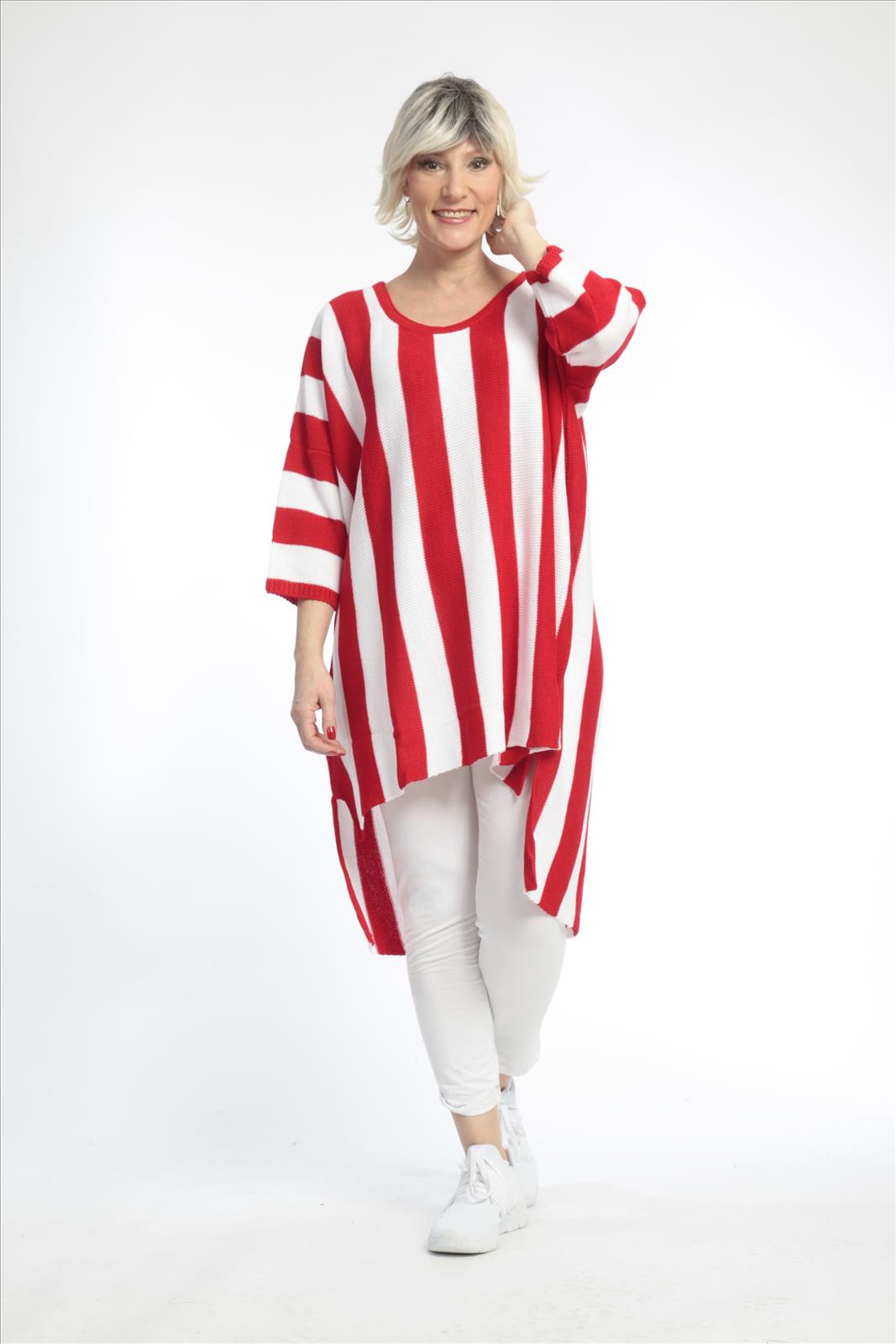 Alltags Pullover in Vokuhila Form aus feiner Strick Qualität, Rot-Weiß Lagenlook Oversize Mode B2B Großhandel