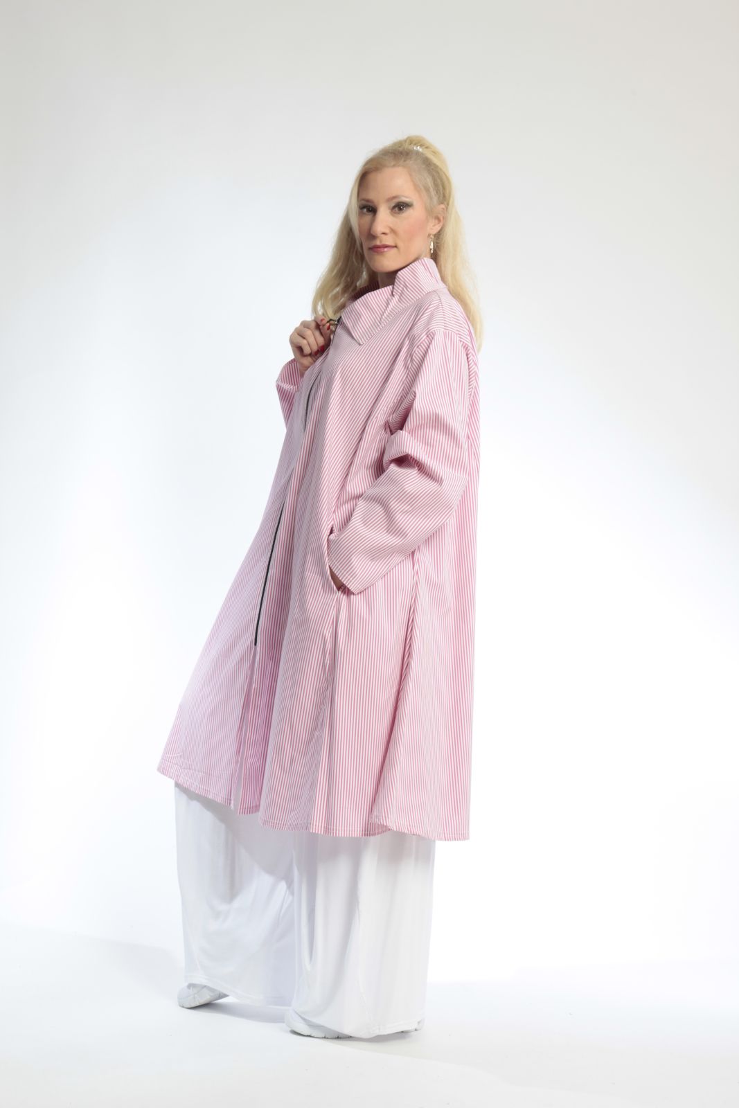 Sommer Bluse in A-Form aus er Qualität, Pink-Weiß Lagenlook Oversize Mode B2B Großhandel