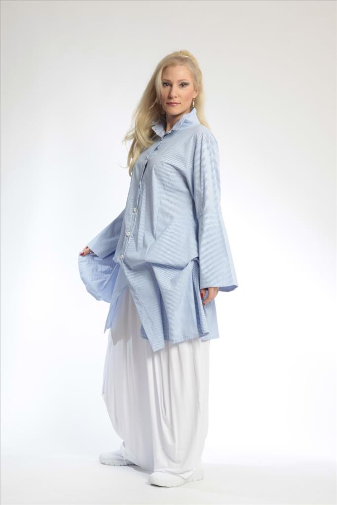 Sommer Bluse in gerader Form aus er Qualität, Blau-Weiß Lagenlook Oversize Mode B2B Großhandel