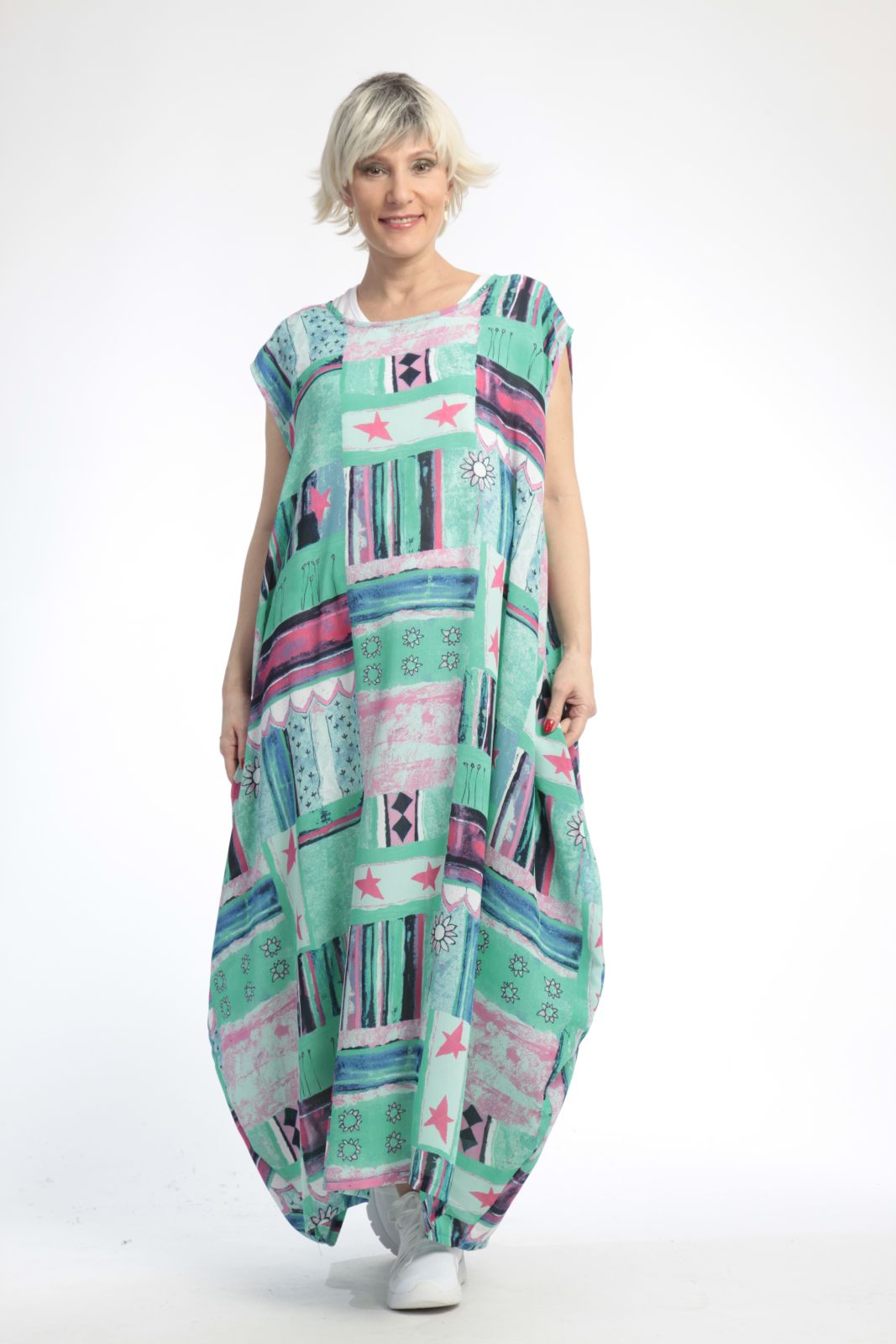 Sommer Kleid in Ballon Form aus er Qualität, Grün-Multi Lagenlook Oversize Mode B2B Großhandel
