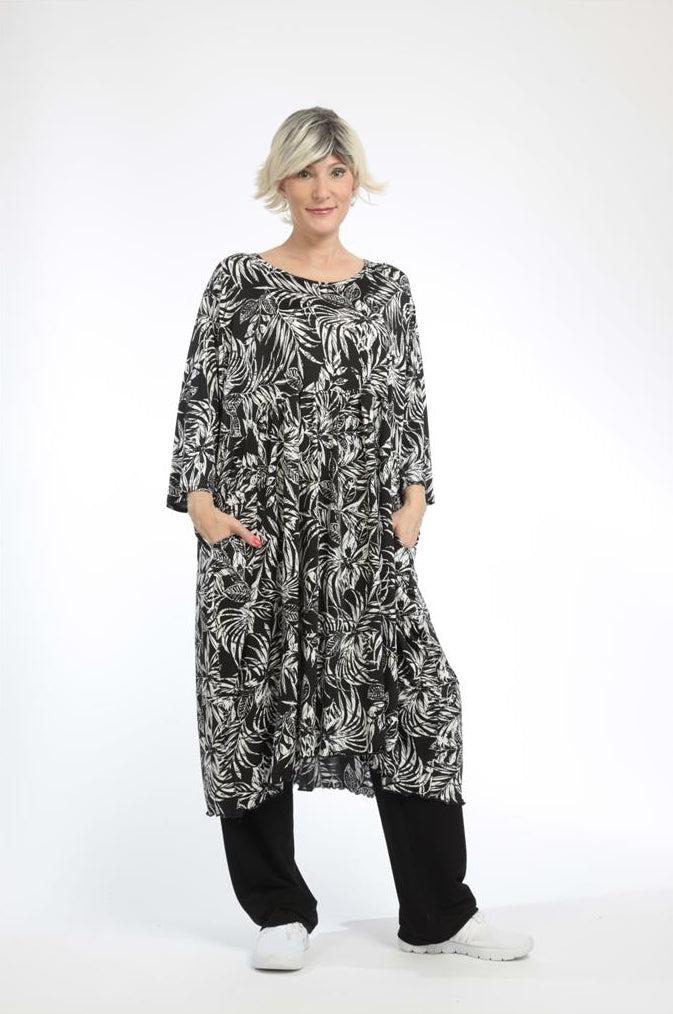Sommer Kleid in Form aus er Slinky Qualität, Schwarz-Wollweiß Lagenlook Oversize Mode B2B Großhandel